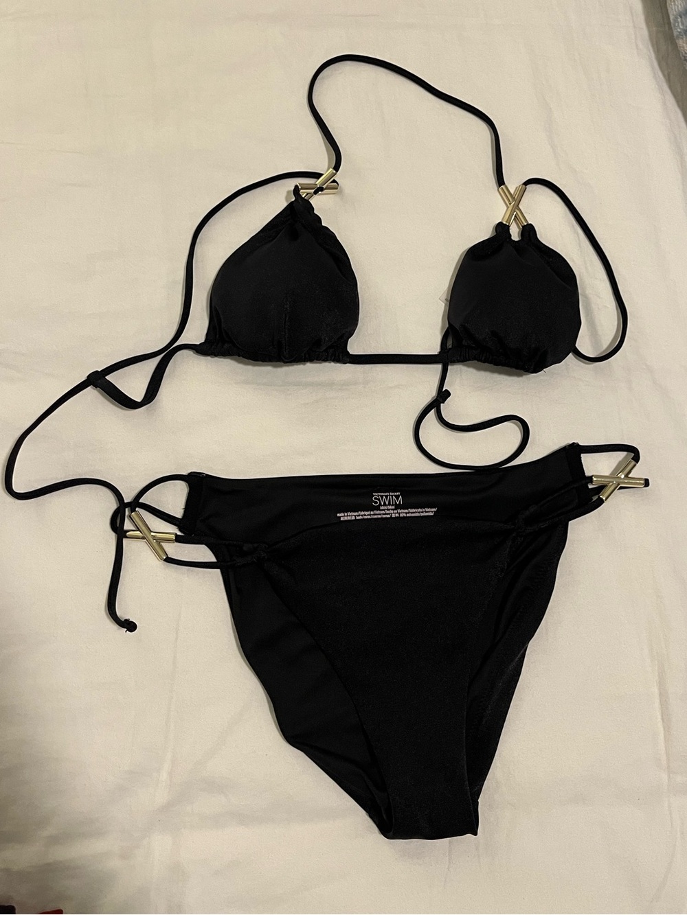 Victoria's Secret Black String Triangle Bikini with Gold Hardware